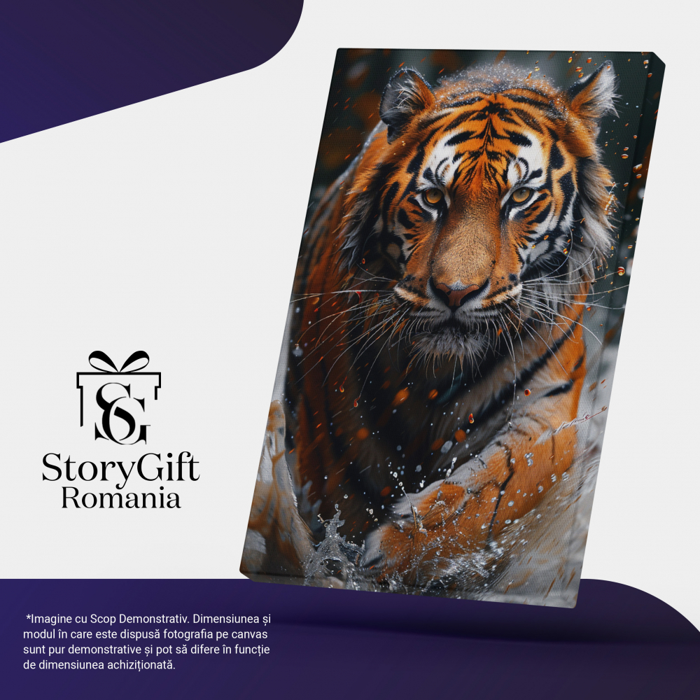 Tablou Canvas:  Tigru înspăimântătot ieșit la vânătoare printre valuri de apă -În ochii unui prădător Pictura Digitala 100x70CM [5]