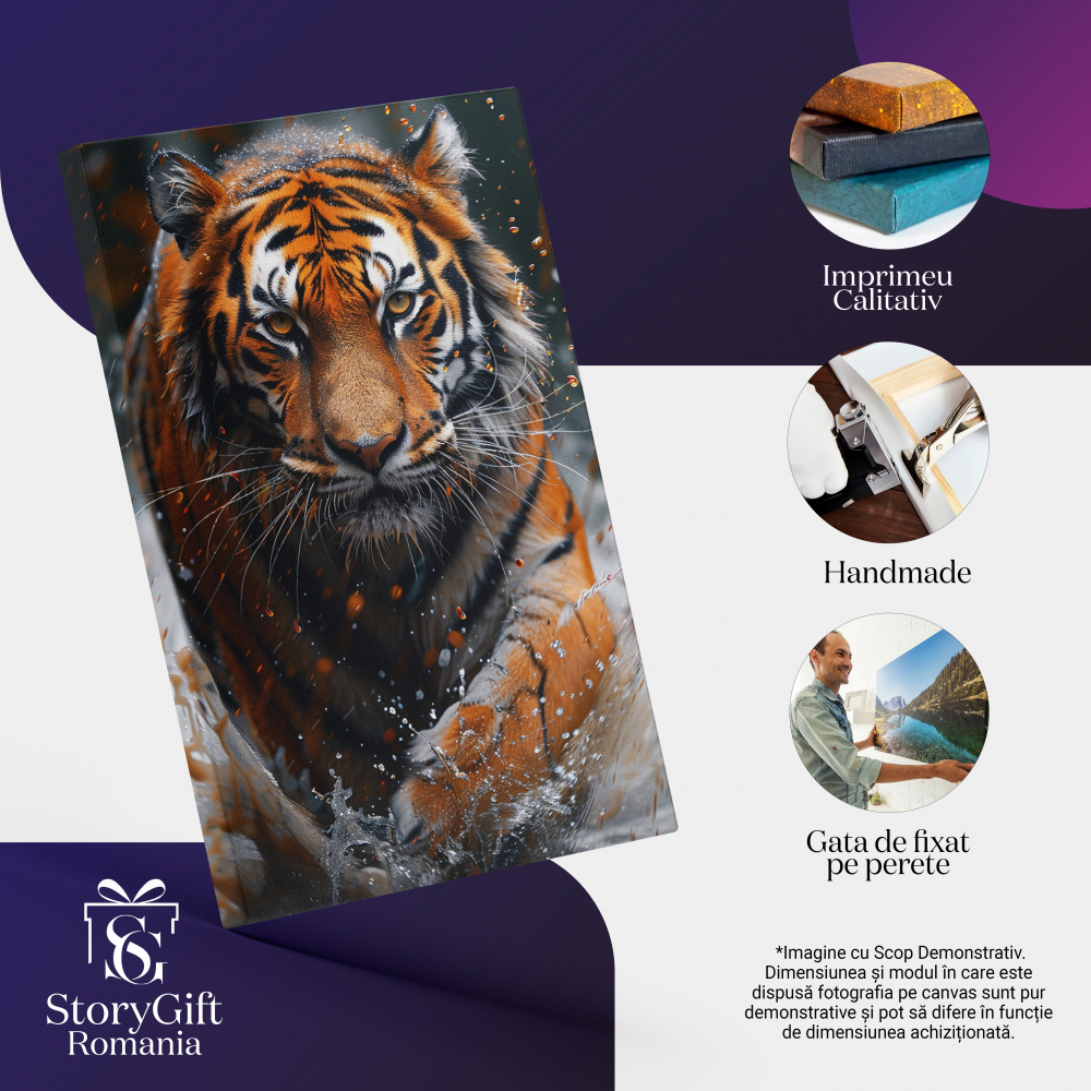 Tablou Canvas:  Tigru înspăimântătot ieșit la vânătoare printre valuri de apă -În ochii unui prădător Pictura Digitala 100x70CM [2]