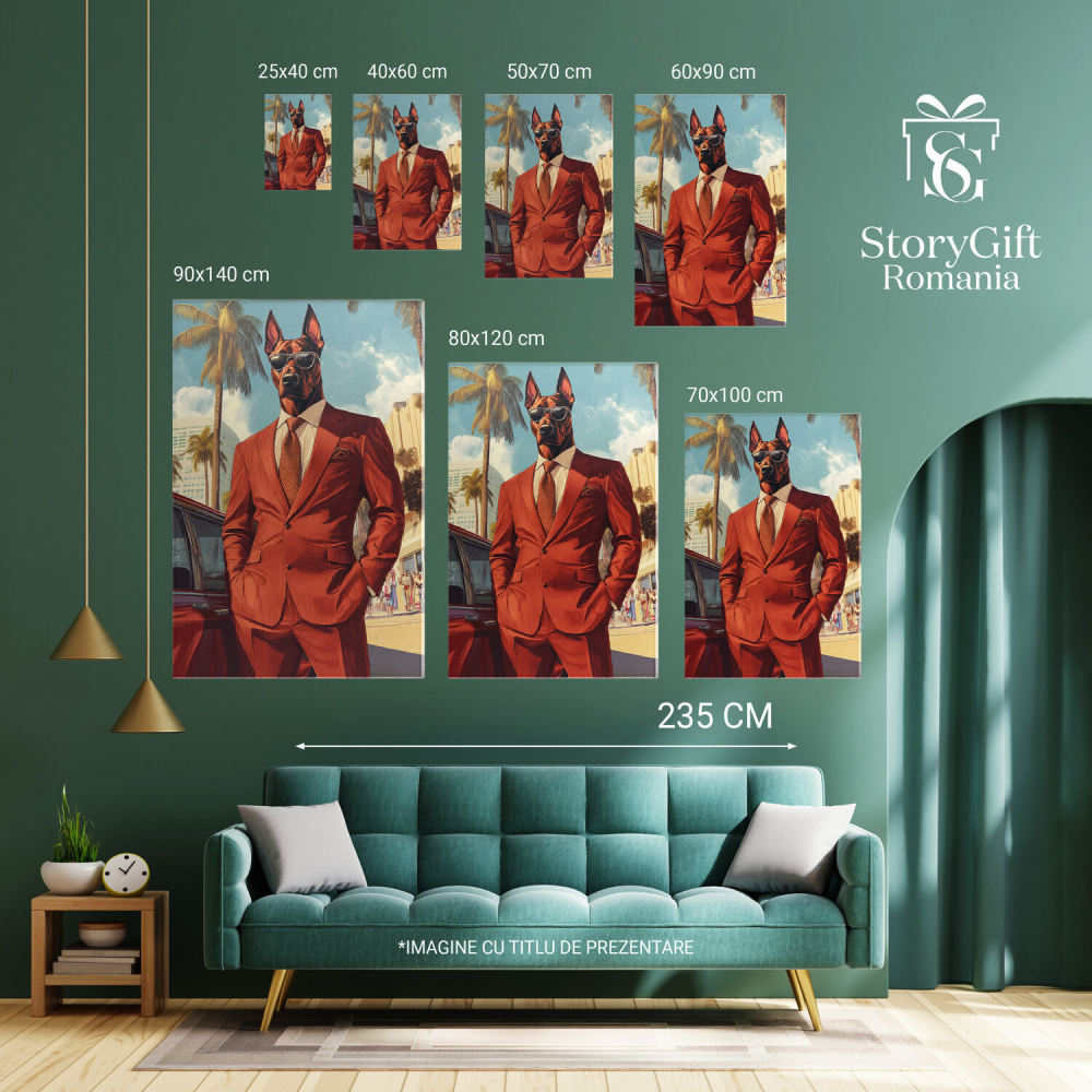 Tablou Canvas Personalizat Costum Roșu Cu Cravată Buline Lângă Mașină VintageMarime 40x25CM [6]