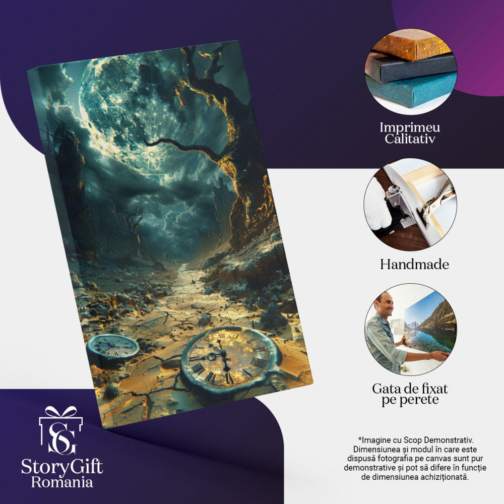 Tablou Canvas  Trecerea Timpului, Doua Ceasuri Parasite in Pamant si un Copac Vestejit si o Luna Stralucitoare  , Pictura Digitala 40x25CM [3]