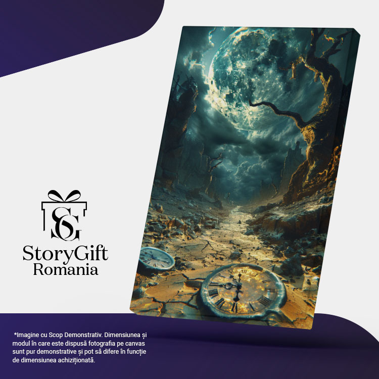 Tablou Canvas  Trecerea Timpului, Doua Ceasuri Parasite in Pamant si un Copac Vestejit si o Luna Stralucitoare  , Pictura Digitala 40x25CM [5]