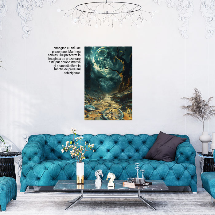 Tablou Canvas  Trecerea Timpului, Doua Ceasuri Parasite in Pamant si un Copac Vestejit si o Luna Stralucitoare  , Pictura Digitala 40x25CM [2]