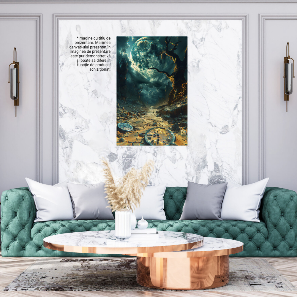 Tablou Canvas Trecerea Timpului cu Ceasuri Părăsite, Copac Veștejit și Lună Strălucitoare, Marime 40x25CM [3]