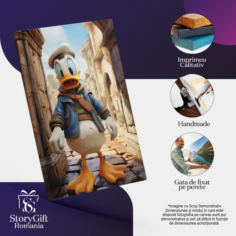 Tablou Canvas:  Turistul Donald Duck care Viziteaza Cladirile Antice de Piatra cu Vesta Albastra  Pictura Digitala 40x25CM [3]