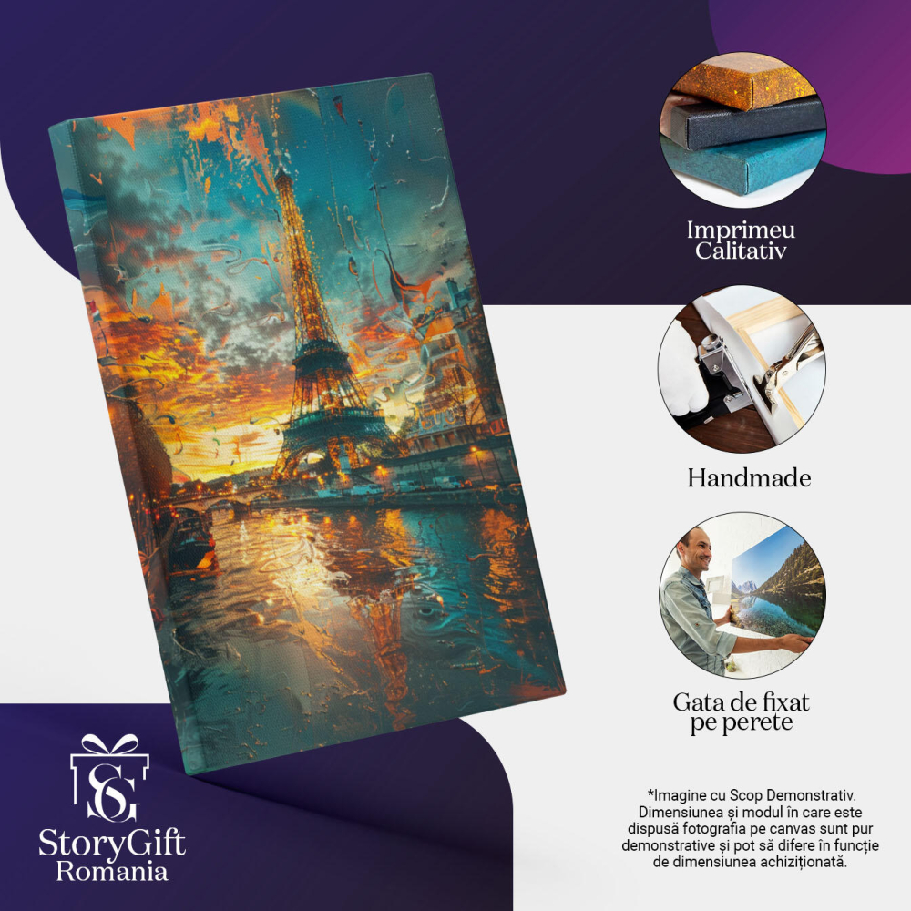Tablou Canvas:  Turnul Eiffel Pictat cu Apus și Culori Calde în Cadru cu Apă- Artă și Desen Pictura Digitala 40x25CM [3]