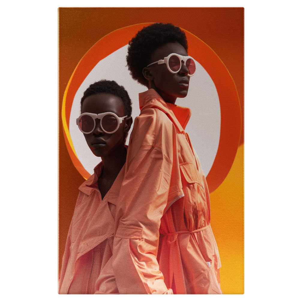 Two African People with Glasses and Curly Hair in Colorful Jumpsuits Next to an Orange Background – Digital Art, Marime 40x25CM [1]