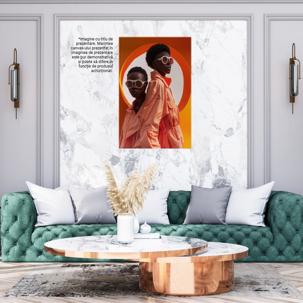 Two African People with Glasses and Curly Hair in Colorful Jumpsuits Next to an Orange Background – Digital Art, Marime 40x25CM [3]