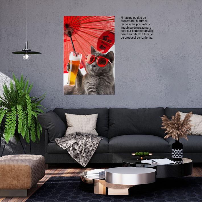 Tablou Canvas Umbrela Roșie Chinezească Apără de Insolație pe Motanul Korat , Pictura Digitala 40x25CM [2]