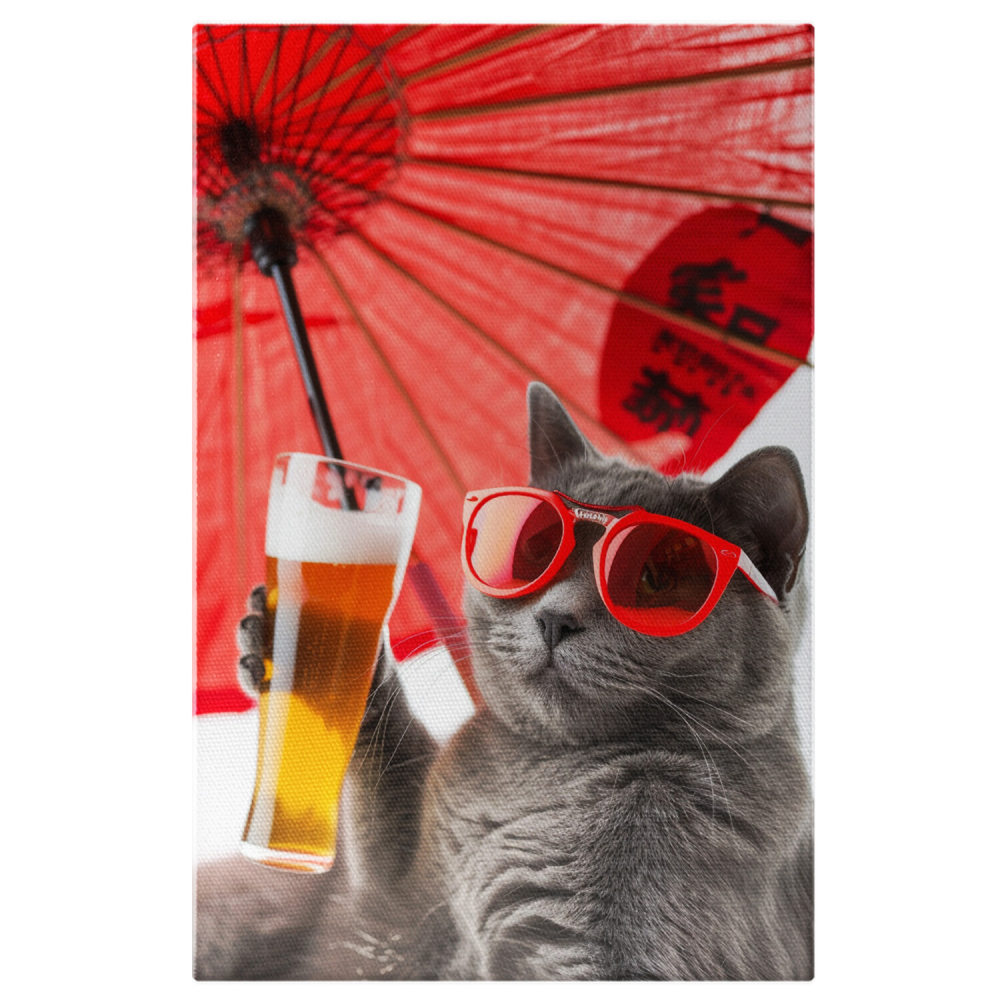 Tablou Canvas Motanul Korat sub Umbrelă Roșie Chinezească | Protecție de Insolație, Marime 40x25CM [1]