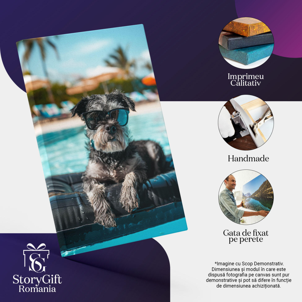 Tablou Canvas Un Border Terrier Adorabil în Negru și Alb se Relaxează pe Salteaua de Apă în Piscină , Pictura Digitala 40x25CM [3]