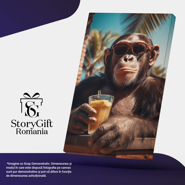 Tablou Canvas:  Un cimpanzeu vesel pe plaja - bautura ochelari relaxare Pictura Digitala 40x25CM [5]