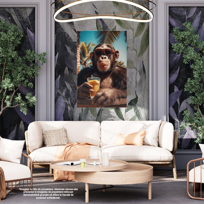 Tablou Canvas:  Un cimpanzeu vesel pe plaja - bautura ochelari relaxare Pictura Digitala 40x25CM [2]