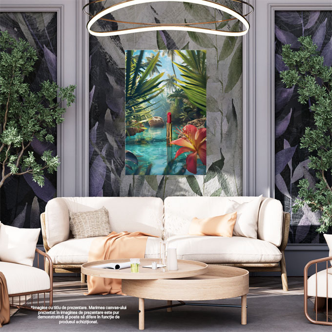 Tablou Canvas Un Ruj Roșu ce stă în Mijlocul Paradisului Acvatic Protejați de Palmieri Înalți , Pictura Digitala 40x25CM [2]