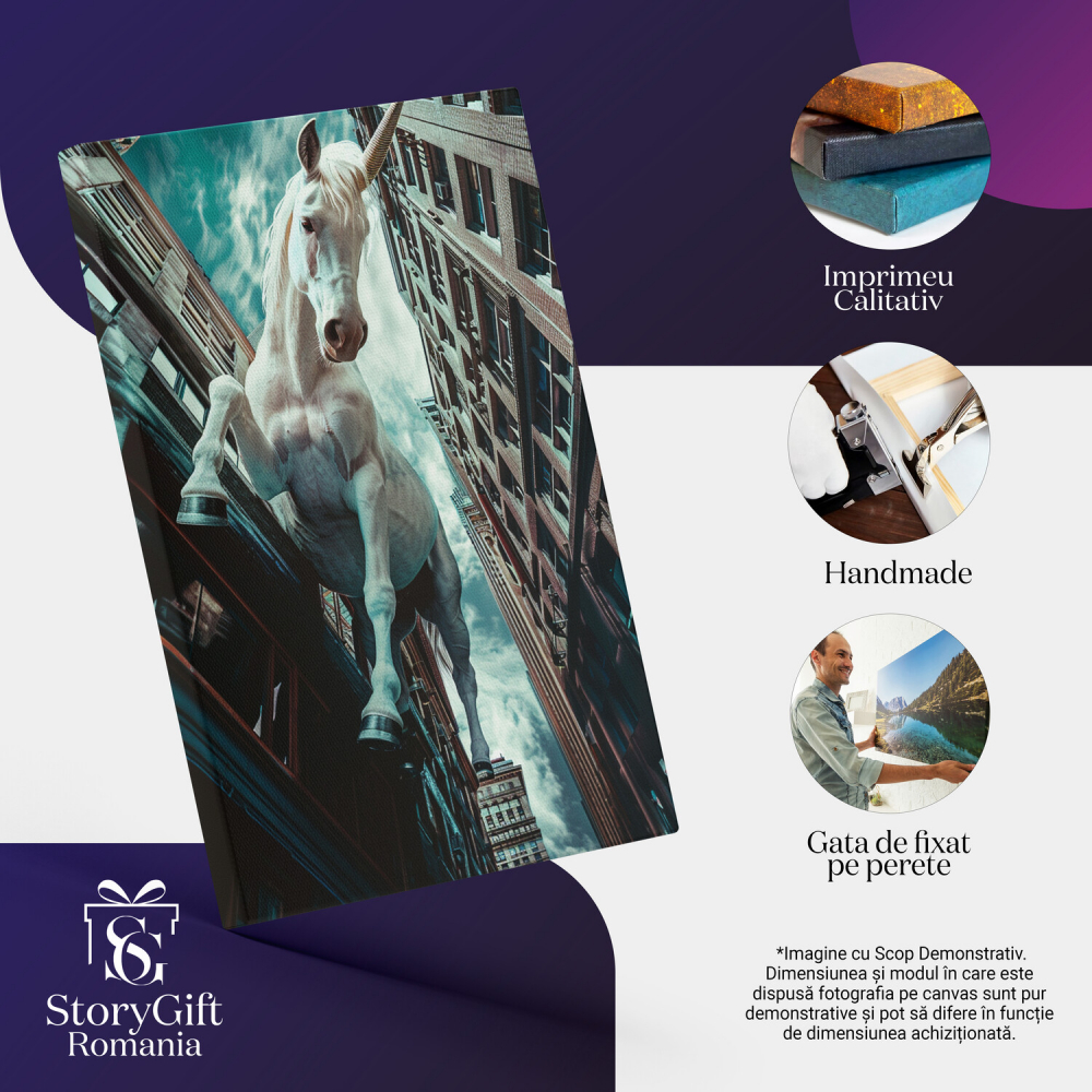 Tablou Canvas - Unicorn Alb Saltând Printre Blocuri, Cer Innorat, Marime 90x60CM [2]