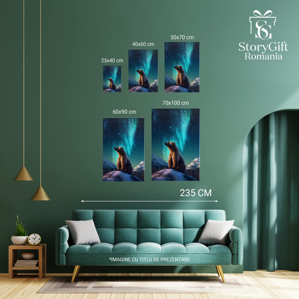 Urs pe Stâncă cu Aurore Boreale și Munți Împodobiți cu Zăpadă, Marime 40x25CM [3]
