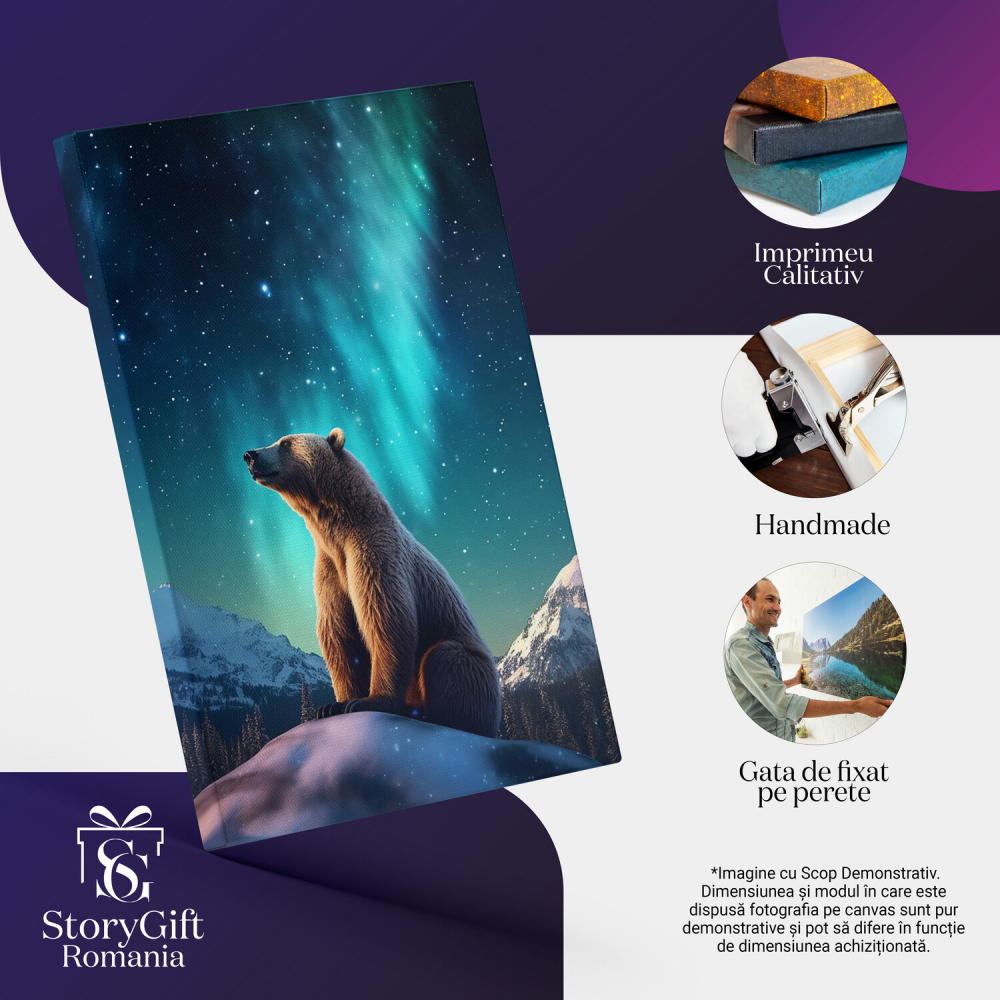 Urs pe Stâncă cu Aurore Boreale și Munți Împodobiți cu Zăpadă, Marime 40x25CM [2]