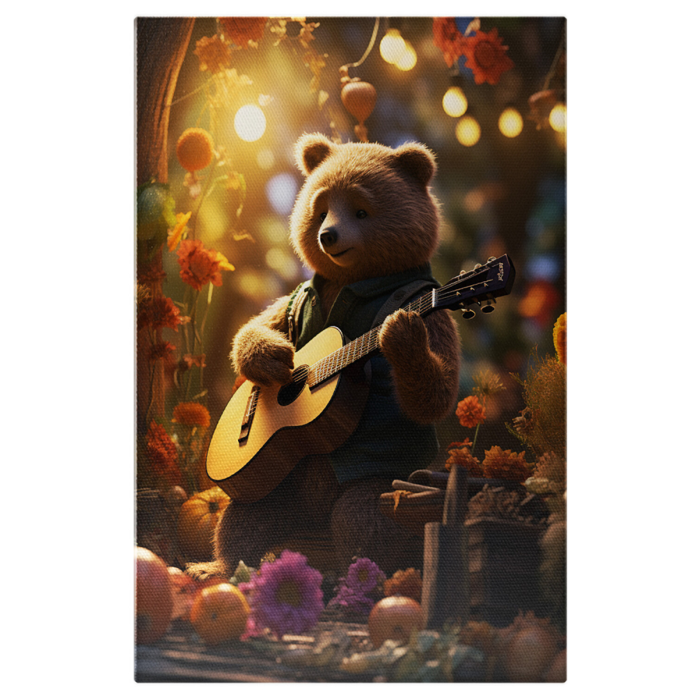 Ursul Brun Cântând la Chitară în Natură - Pictură Digitală cu Flori, Marime 40x25CM [1]