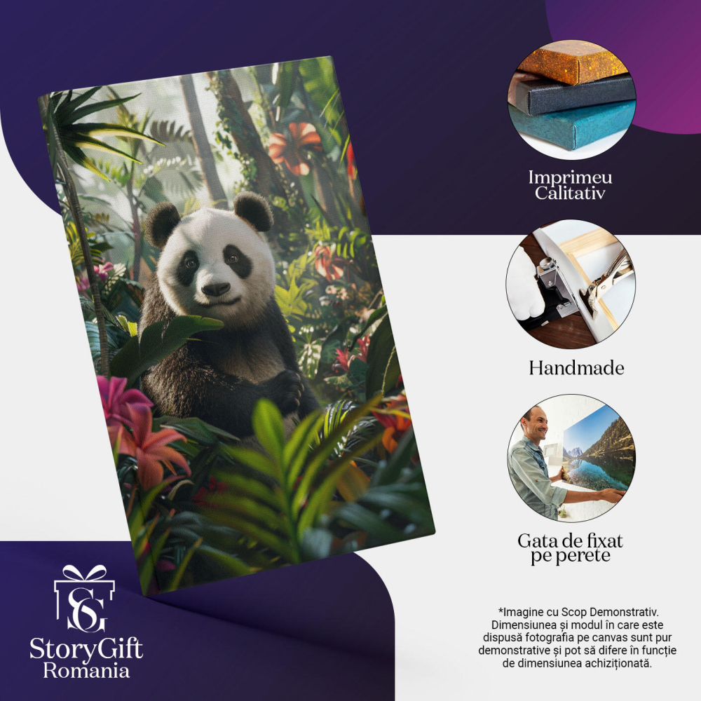 Tablou Canvas Ursul Panda Învăluit în Miros de Flori Terapie Olfactivă a Animalului cu Ochi Negri , Pictura Digitala 40x25CM [3]