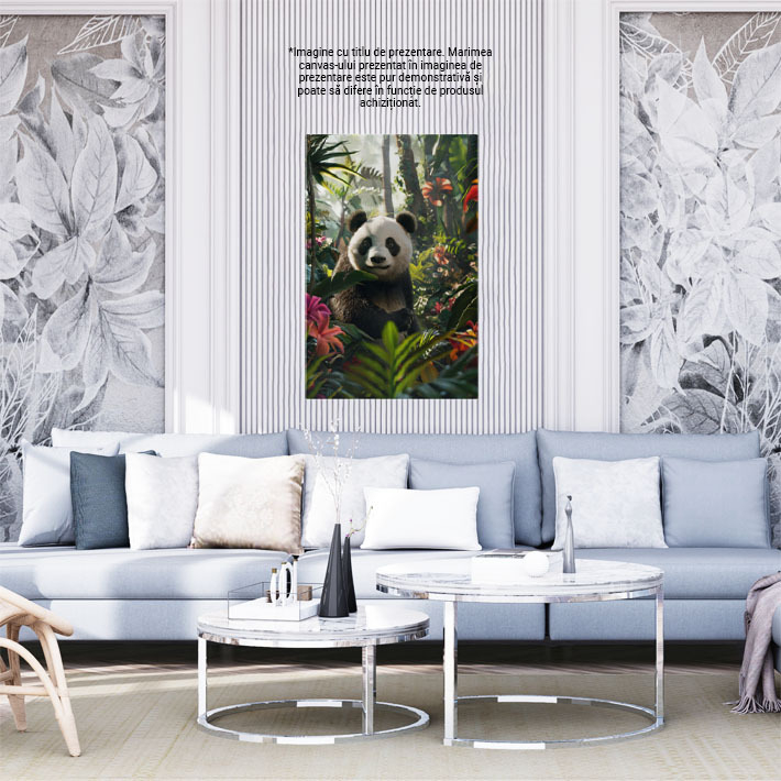 Tablou Canvas Ursul Panda Învăluit în Miros de Flori Terapie Olfactivă a Animalului cu Ochi Negri , Pictura Digitala 40x25CM [2]
