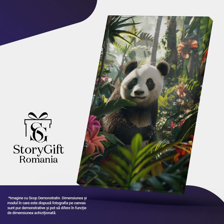 Tablou Canvas Ursul Panda Învăluit în Miros de Flori Terapie Olfactivă a Animalului cu Ochi Negri , Pictura Digitala 40x25CM [5]