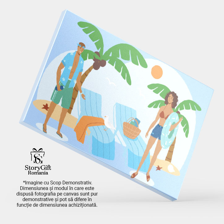 Tablou Canvas Vacanta pe Plaja Pustie cu Palmieri si Sezlonguri Albastre, Femeie si un Barbat in Costume de Baie 40x25CM [4]