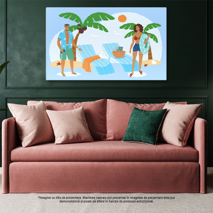 Tablou Canvas Vacanta pe Plaja Pustie cu Palmieri si Sezlonguri Albastre, Femeie si un Barbat in Costume de Baie 40x25CM [3]