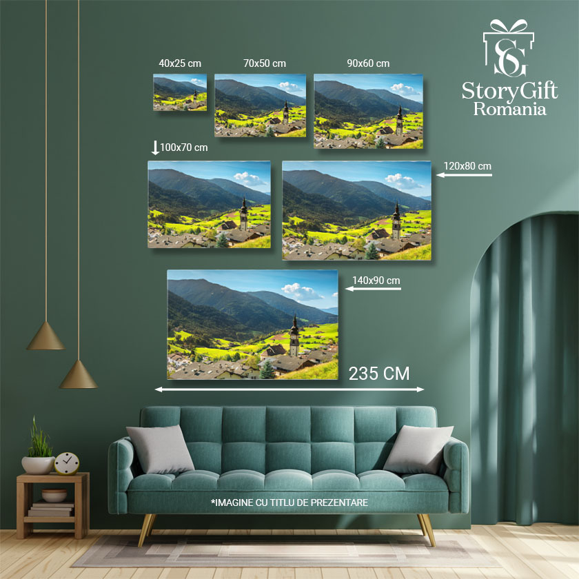 Tablou Canvas Valea Funes, Satul San Pietro si Biserica Funes, Vale, Peisaj Rural, San Pietro, Biserica. 2098 40x25CM [5]