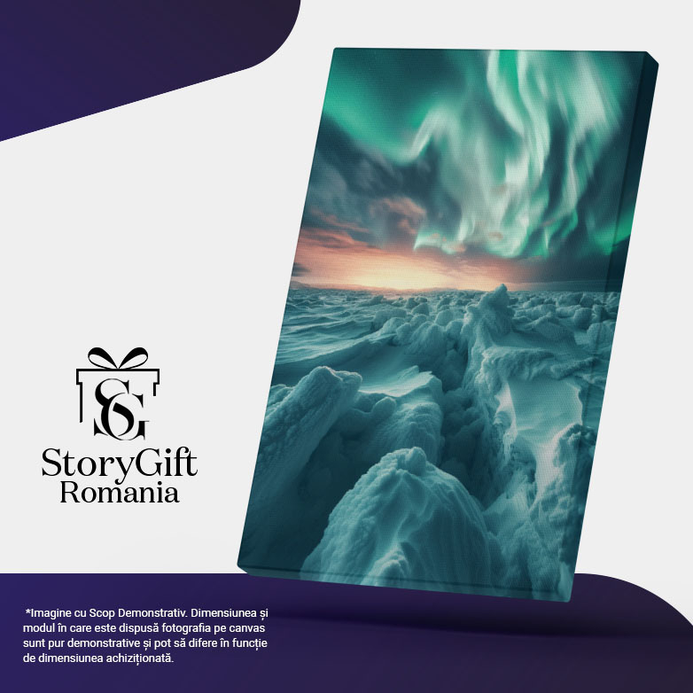 Tablou Canvas: Valuri Înghețate la Pol Frig și Iarnă Veșnică sub Aurora Boreală Peisaj Pictura Digitala 40x25CM [5]
