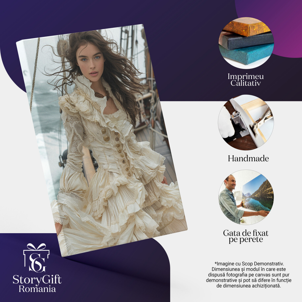 Fata Tânără în Rochie Medievală Albă pe Vapor - Pictură Digitală, Marime 40x25CM [2]