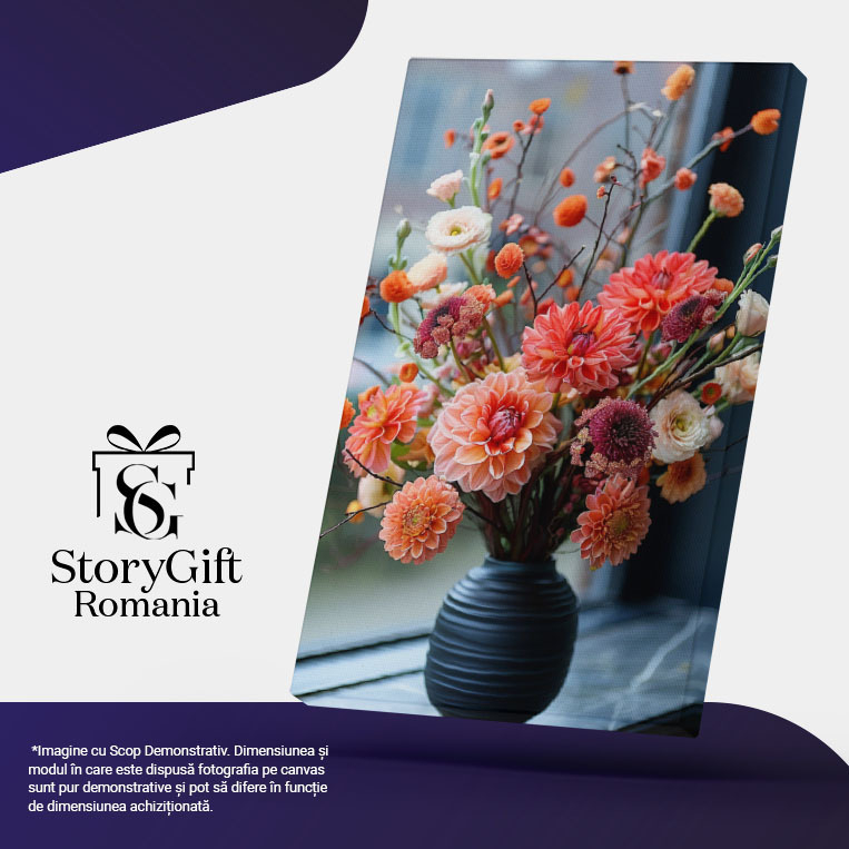 Tablou Canvas  Vaza Neagra Plina de Flori Parfumate si Frumos Colorate pe Pervazul Ferestrei cu Priveliste catre Gradina , Pictura Digitala 40x25CM [5]