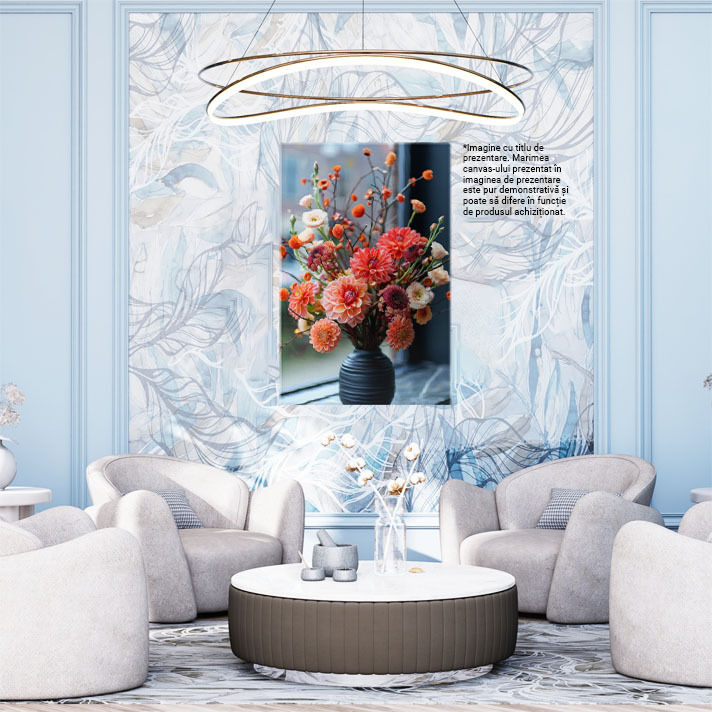 Tablou Canvas  Vaza Neagra Plina de Flori Parfumate si Frumos Colorate pe Pervazul Ferestrei cu Priveliste catre Gradina , Pictura Digitala 40x25CM [2]