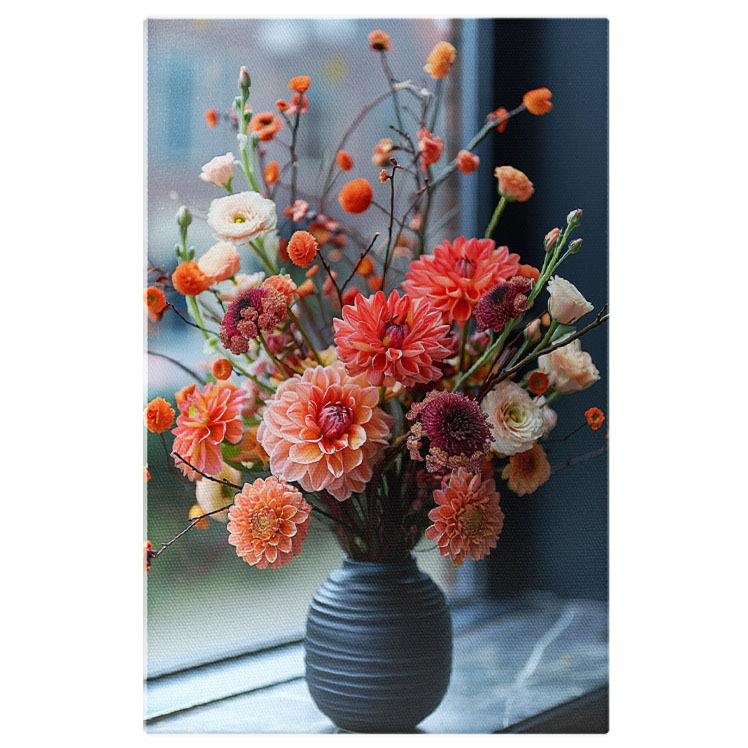 Tablou Canvas  Vaza Neagra Plina de Flori Parfumate si Frumos Colorate pe Pervazul Ferestrei cu Priveliste catre Gradina , Pictura Digitala 40x25CM [1]