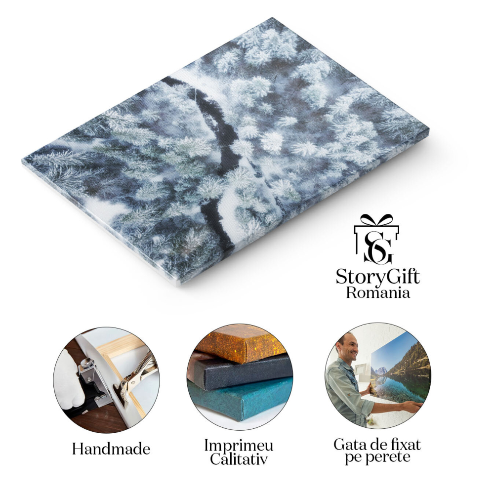 Tablou Canvas Vedere Aeriana la Padurea de Iarna si Raul Inghetat iarna, padure, aerian, rau, gheata 195 40x25CM [2]