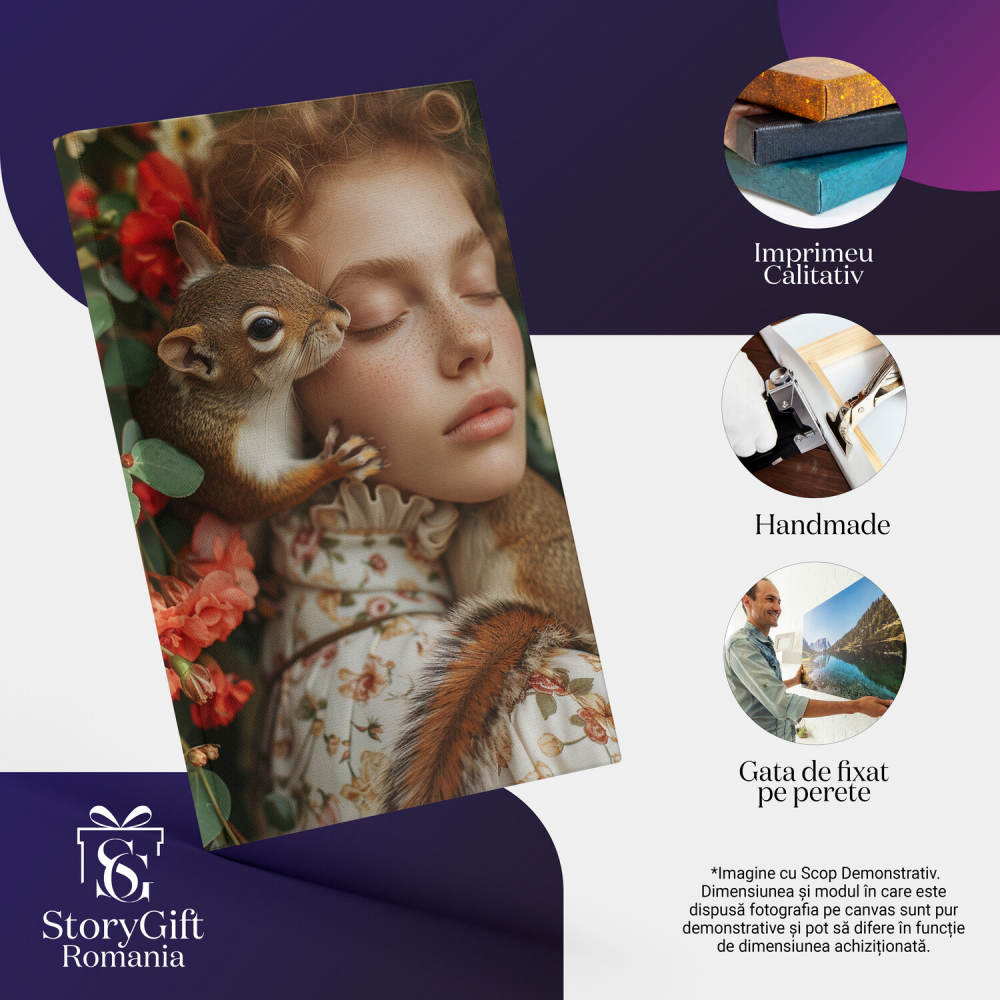 „Tablou Canvas Veverița Domestică și Fata cu Pistrui în Rochie cu Guler și Grădină cu Pereți Florali”, Marime 40x25CM [2]