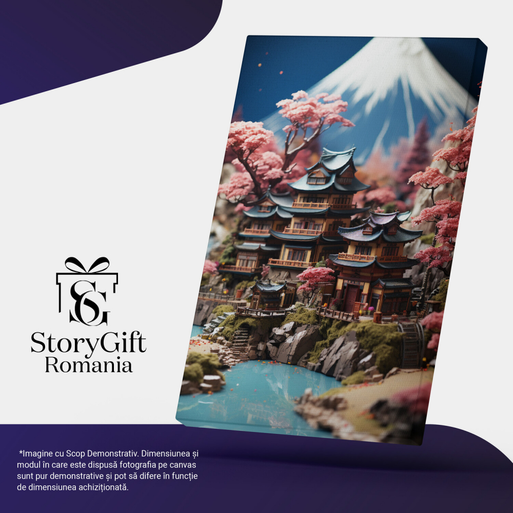 Tablou Canvas - Vedere Clădire Stil Asiatic LEGO Între Copacii Roz, Marime 40x25CM [4]