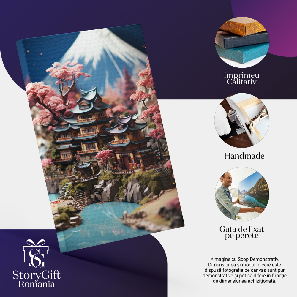 Tablou Canvas - Vedere Clădire Stil Asiatic LEGO Între Copacii Roz, Marime 40x25CM [2]