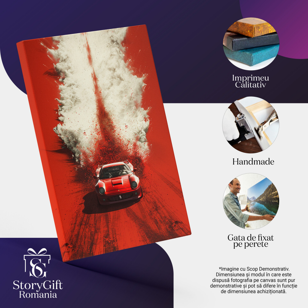 Tablou Canvas Vintage Red Car în Desertul Roșu cu Fum Alb | Pictură Digitală, Marime 40x25CM [2]