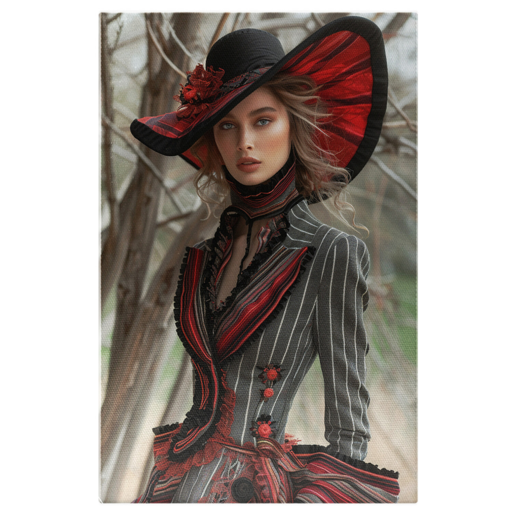 Femeie cu Pălărie Roșie în Rochie-Costum Gri - Pictură Digitală Vintage, Marime 40x25CM [1]