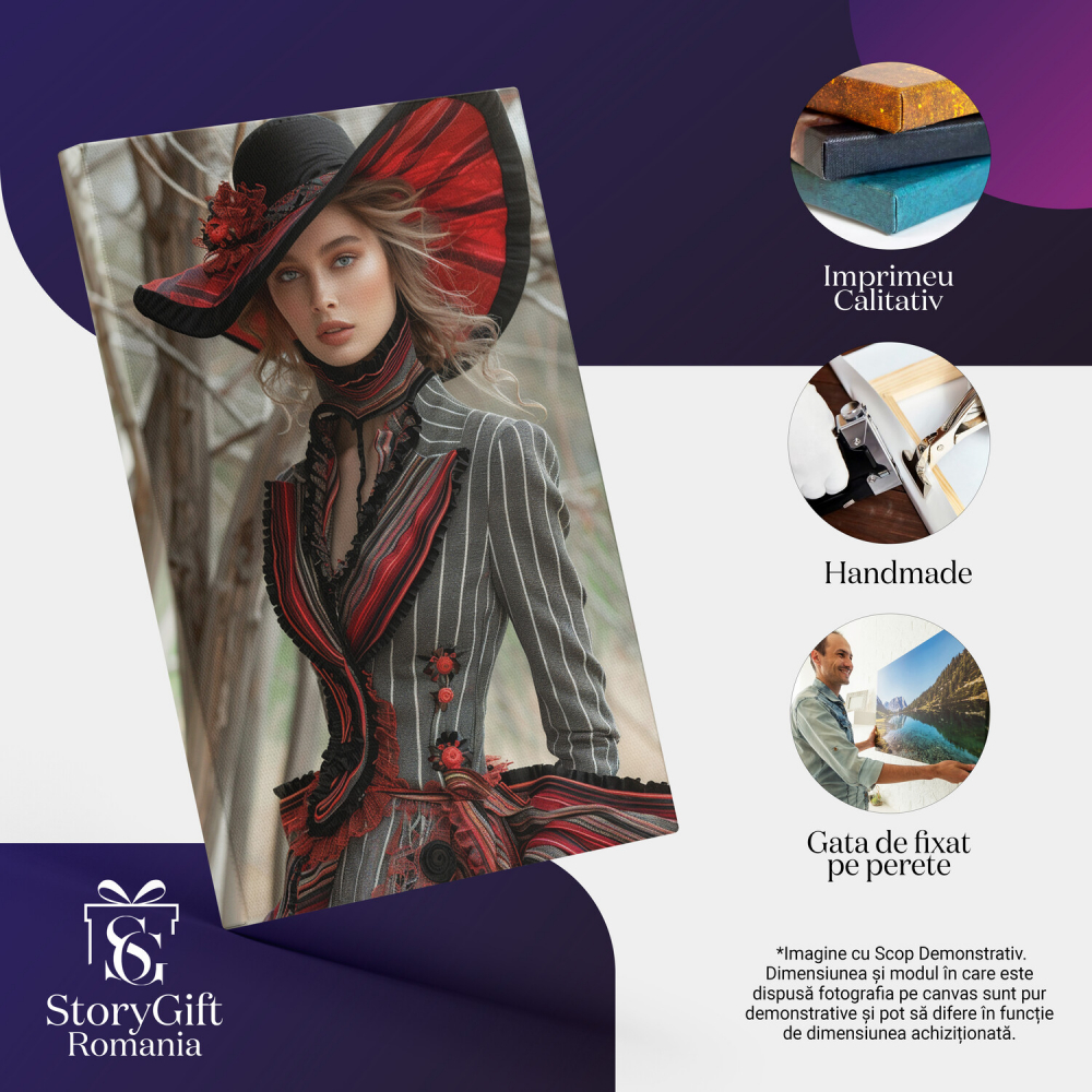 Femeie cu Pălărie Roșie în Rochie-Costum Gri - Pictură Digitală Vintage, Marime 40x25CM [2]