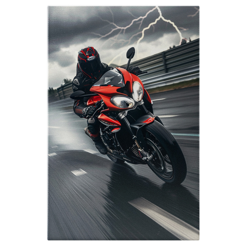 Motorcyclist Riding in Stormy Weather - Digital Art with Rain and Lightning, Marime 40x25CM [1]