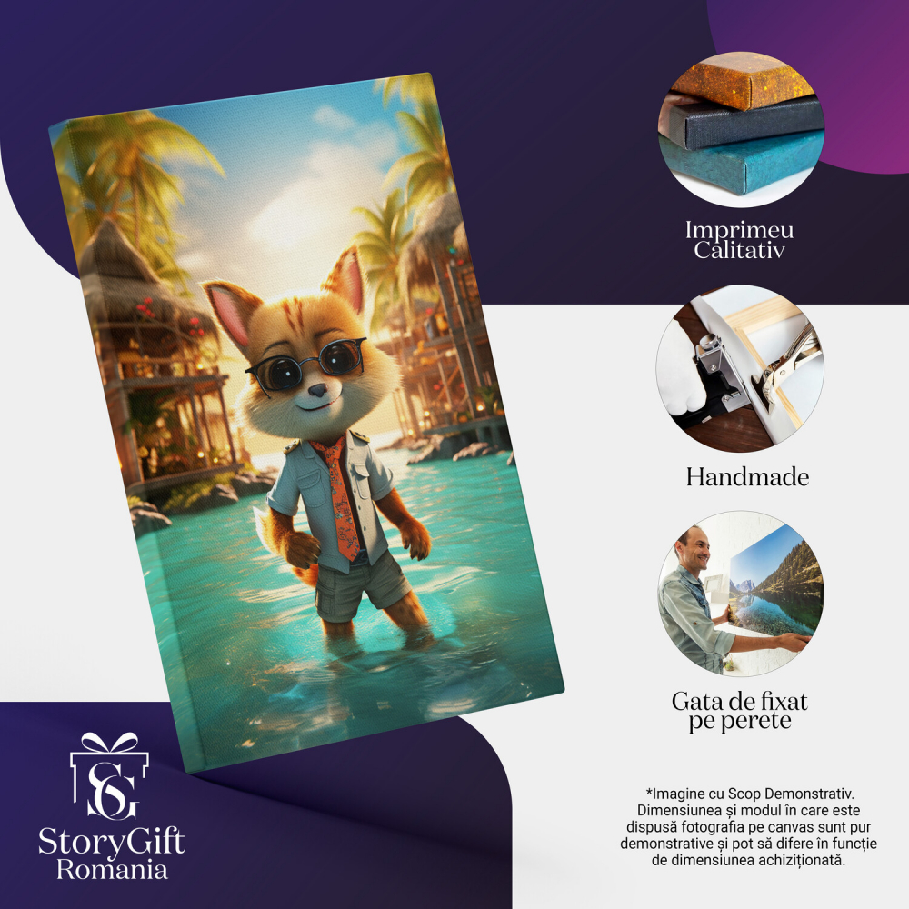 Tablou Canvas - Vulpe în Vacanță în Thailanda: Distracție la Piscină cu Case și Palmieri, Marime 40x25CM [2]