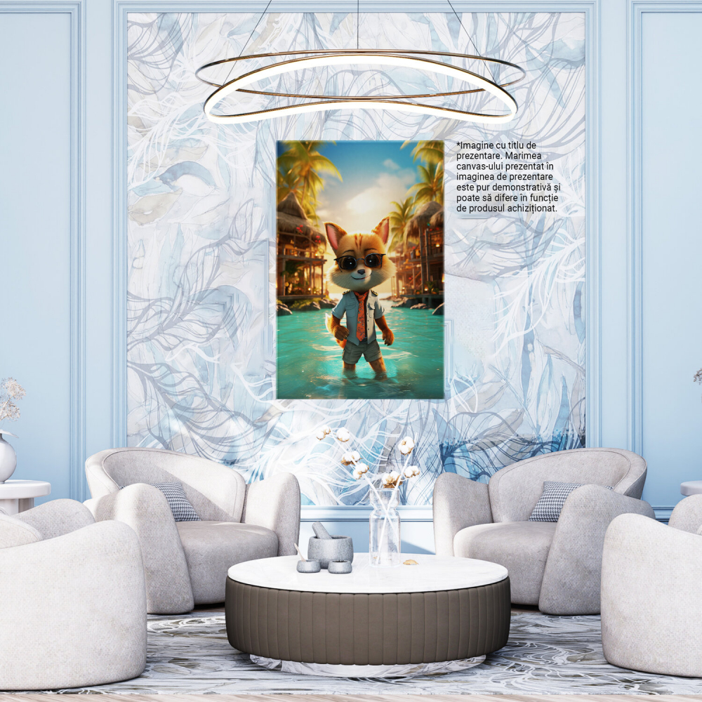 Tablou Canvas - Vulpe în Vacanță în Thailanda: Distracție la Piscină cu Case și Palmieri, Marime 40x25CM [4]