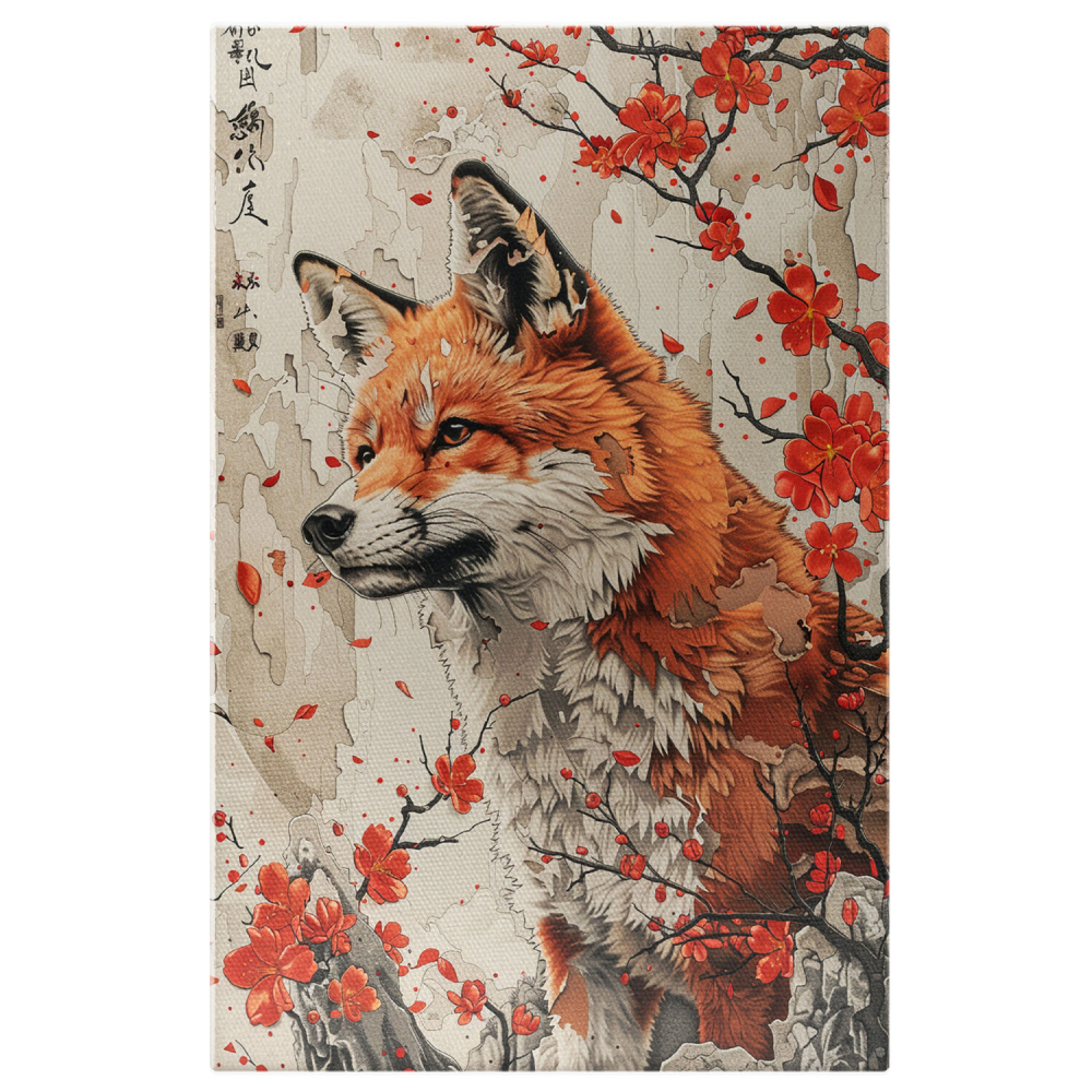 artă digitală, artă cu peisaje, artă inspirată din natură, vulpe și floricele, artă pentru casă, tablou cu vulpe, decor cu animale, artă modernă, cadou pentru iubitorii de natură, tablou elegant, decor minimalist, tablou cu fundal alb, stânci și flori, Marime 40x25CM [1]