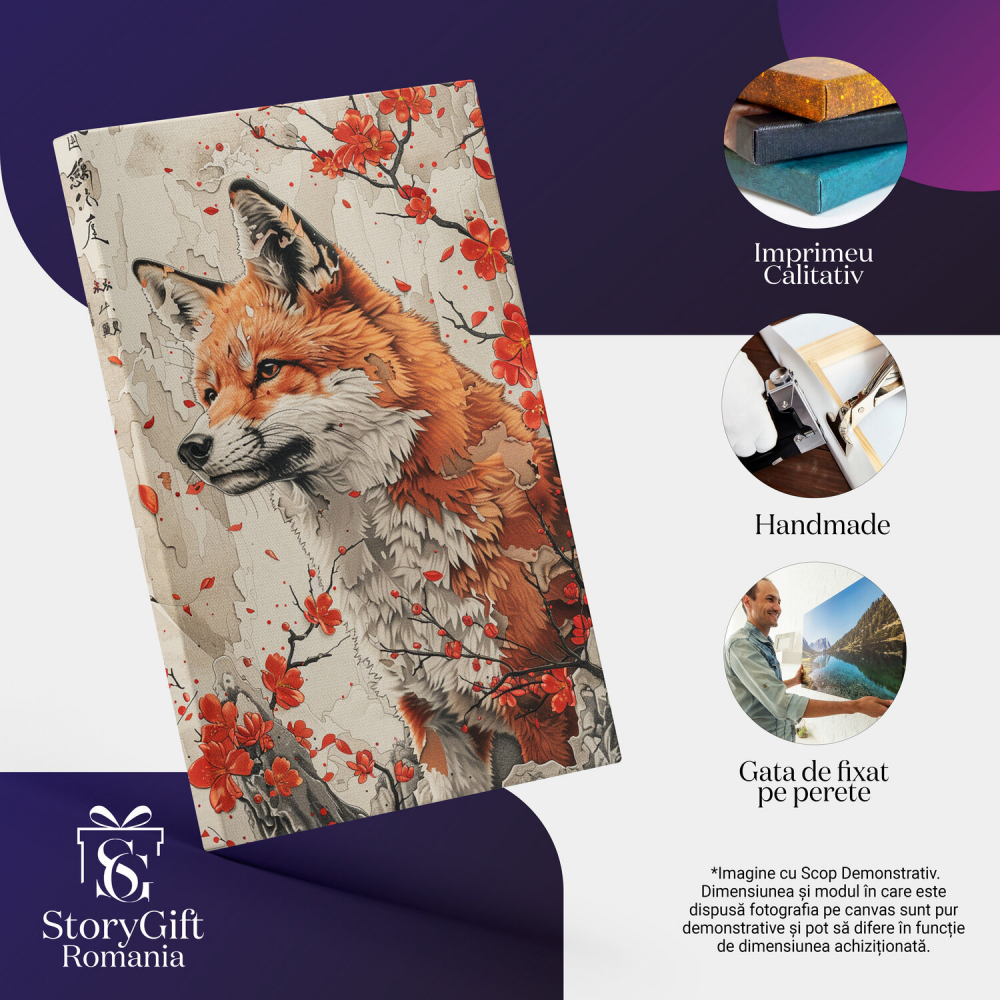 artă digitală, artă cu peisaje, artă inspirată din natură, vulpe și floricele, artă pentru casă, tablou cu vulpe, decor cu animale, artă modernă, cadou pentru iubitorii de natură, tablou elegant, decor minimalist, tablou cu fundal alb, stânci și flori, Marime 40x25CM [2]