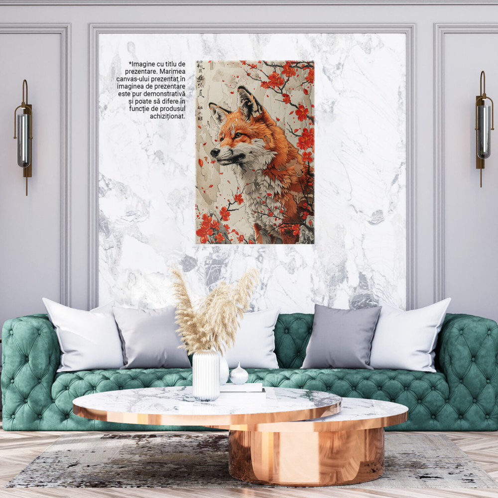 artă digitală, artă cu peisaje, artă inspirată din natură, vulpe și floricele, artă pentru casă, tablou cu vulpe, decor cu animale, artă modernă, cadou pentru iubitorii de natură, tablou elegant, decor minimalist, tablou cu fundal alb, stânci și flori, Marime 40x25CM [3]