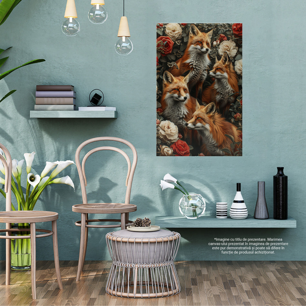 Vulpi Ce Stau la Panda pentru Pradă Ascunse în Flori - Pictură Digitală cu Natură și Animale, Marime 40x25CM [3]