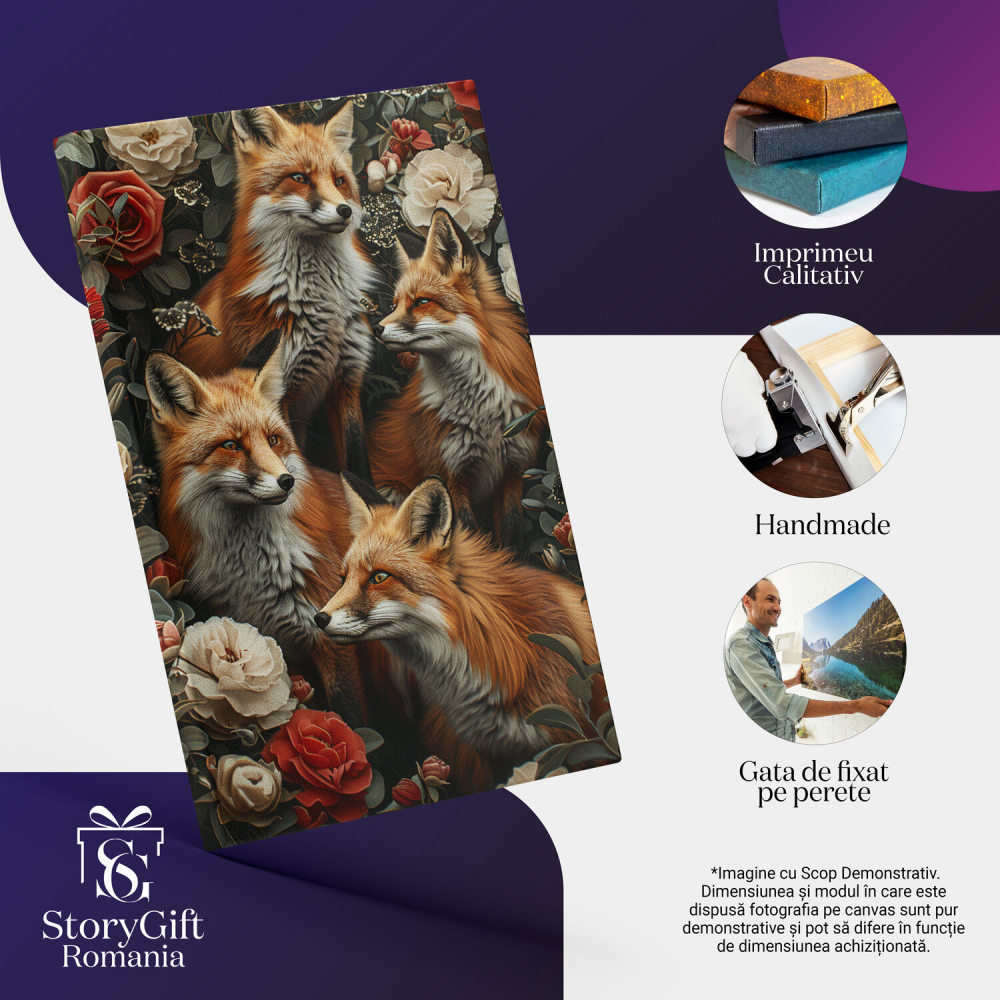 Vulpi Ce Stau la Panda pentru Pradă Ascunse în Flori - Pictură Digitală cu Natură și Animale, Marime 40x25CM [2]