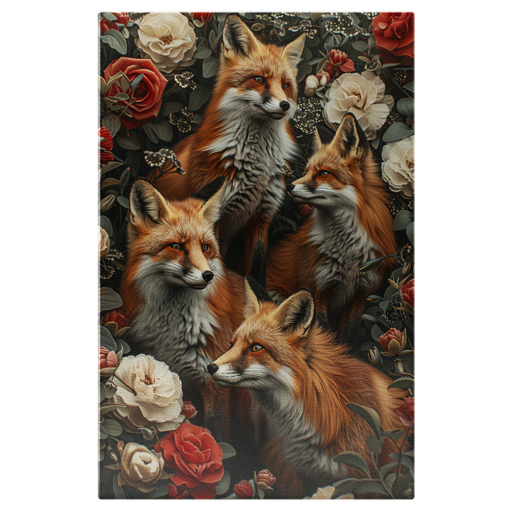 Vulpi Ce Stau la Panda pentru Pradă Ascunse în Flori - Pictură Digitală cu Natură și Animale, Marime 40x25CM [1]