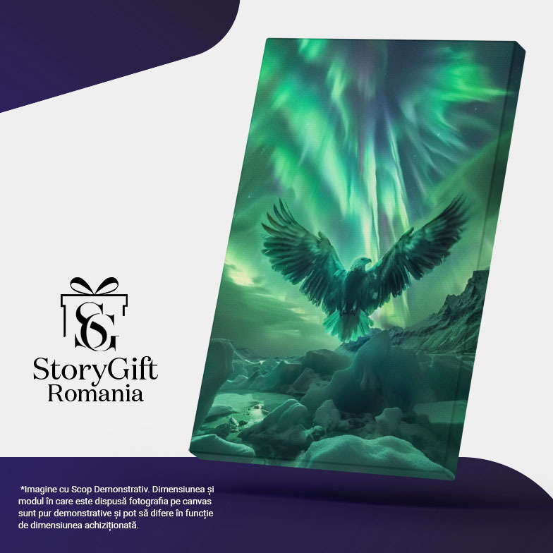 Tablou Canvas:  Vultur Pleșuv în Zbor cu Aripi Desfăcute, Zăpadă și Săgeți de Culori din Cer- Natură Sălbatică și Peisaje Pictura Digitala 40x25CM [5]