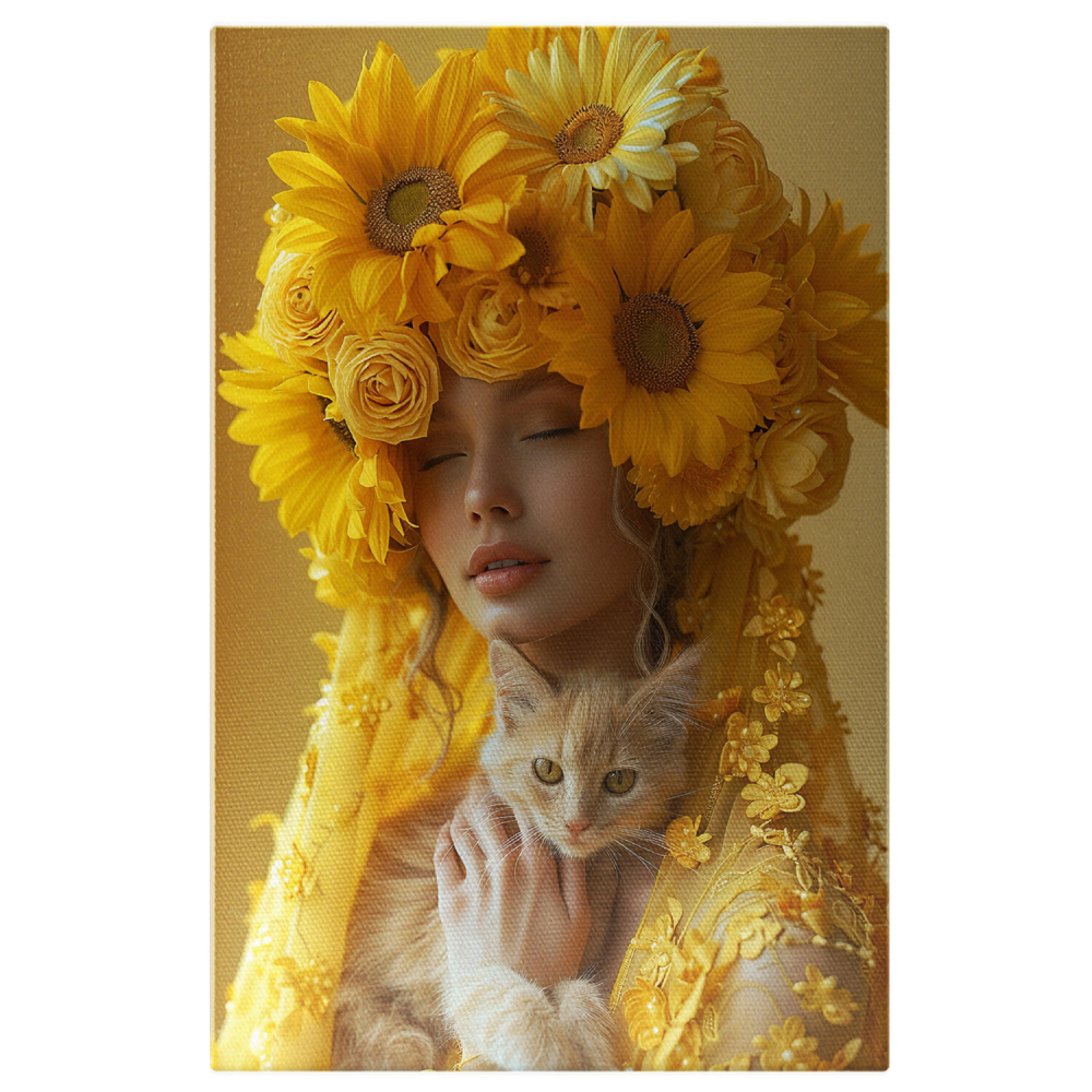 Tablou Canvas Fata Galbena cu Floricele pe Palarie si Pisica Blanda cu Ochii Mari, Marime 40x25CM [1]